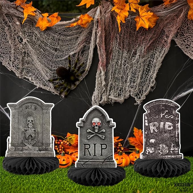 KatchOn, Halloween Tombstone Honeycombs - Pack of 12 | Halloween Table Centerpieces for Tombstone Halloween Decorations | Graveyard Tombstone Paper Honeycombs, Halloween Party Decorations