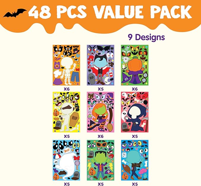 JOYIN 48 Pcs Halloween Make a Face Stickers, Halloween Party Favor for Kids, Art Craft Party Supplies, Classroom Activities Games Goodies, Sticker Sheets with Witch, Vampire Designs