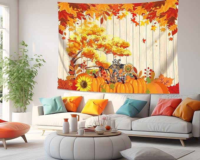 QGHOT Fall Tapestry Wall Hanging Autumn Photo Backdrop Rustic Orange Wood Tapestry Tree Maple Leaf Pumpkin Nature Landscape Country Tapestries for Bedroom Room Thanksgiving Decor (90.6"x70.9")