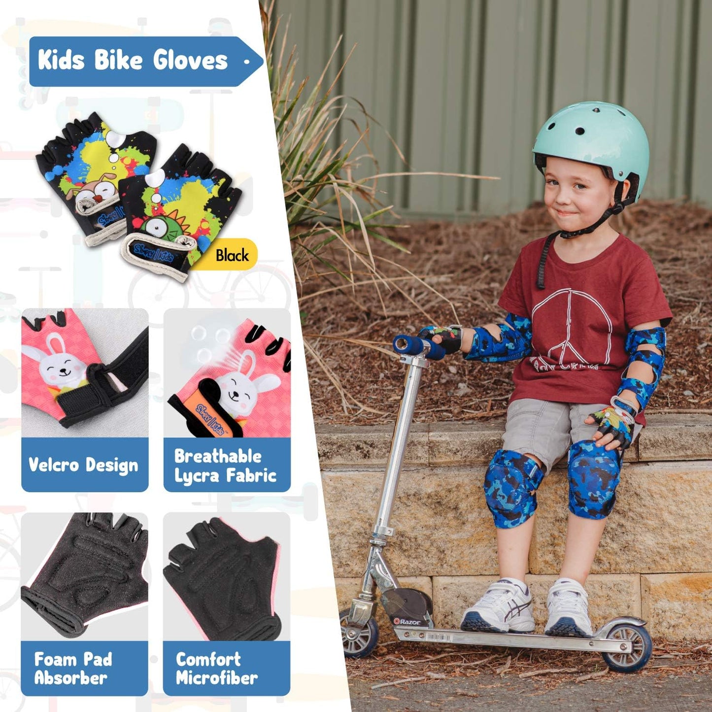 Soft-Style Kids Knee and Elbow Pads with Bike Gloves, Flexible Impact-Resistant Gear for Ages 2-11, Designed for Balance Bikes, Roller-Skating, and Skateboarding