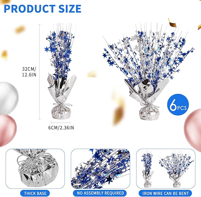6 Pack Star Table Centerpieces for Party, Birthday Table Decorations for Kids Adults, Party Centerpieces for Tables for Wedding Baby Shower Graduation Holiday Event (Silver NavyBlue)