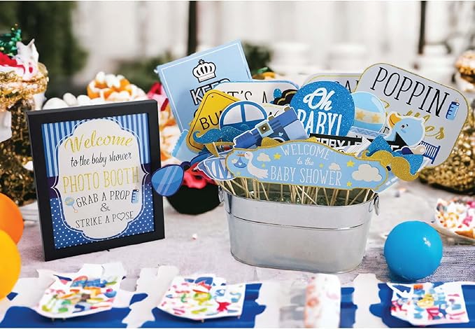 Boy Baby Shower Photo Booth Props - 41-pc Photo Booth Kit with 8 x 10-Inch Sign, 60 Glue Dots, 45 Sticks - Picture Props for Baby Shower