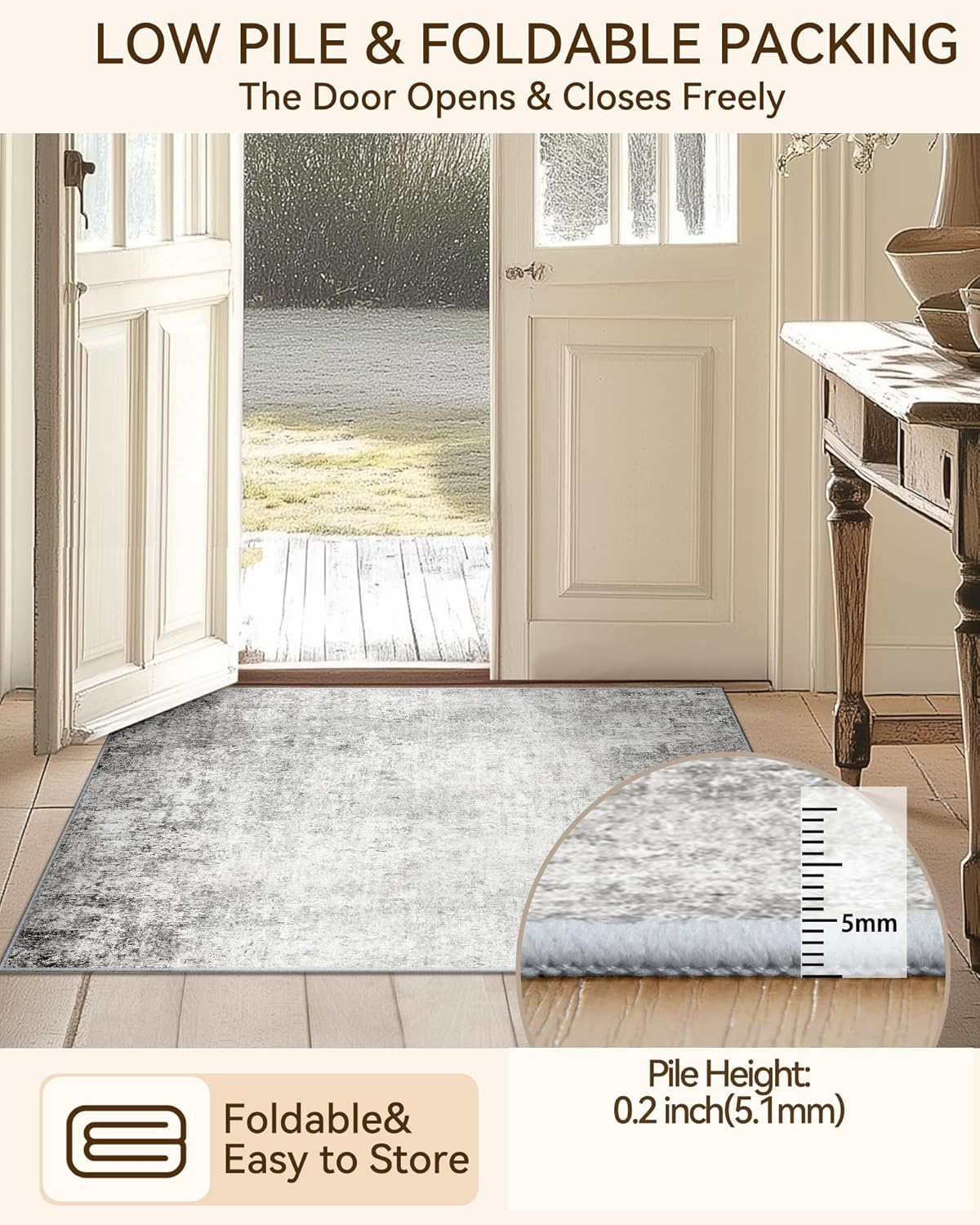 Washable Area Rugs 5'x7' Non-Slip Modern Abstract Soft for Living Room Entryway Bedroom Nursery, Print Pattern, Gray White Grey
