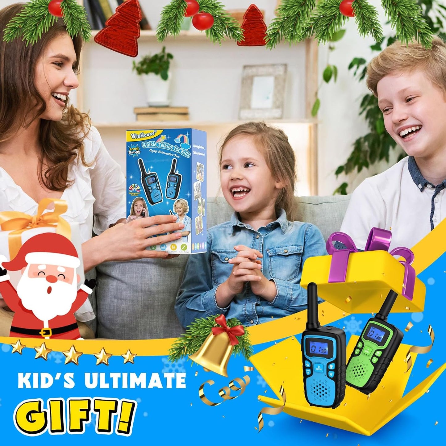 Wishouse Walkie Talkies for Kids Rechargeable Long Range,Xmas Birthday Gift for 4 5 6 7 8 9 Year Old Boys Girls,Hiking Gear Camping Games Cool Toys with NOAA,SOS Siren,Lamp,Lanyards,Easy to Use,4 Pack