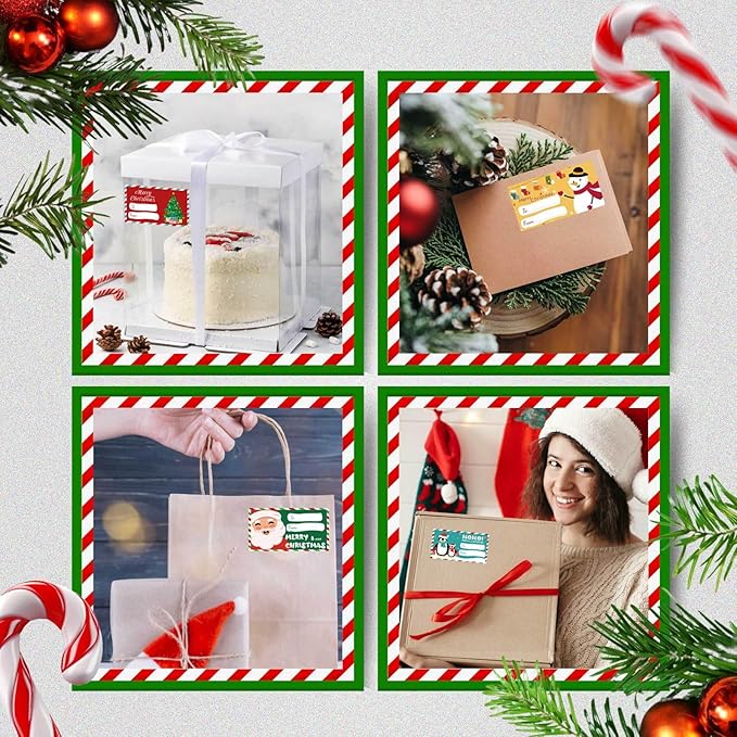 500 PCS Christmas Gift Tags, Self Adhesive Santa Claus Stickers, Festive Holiday Name Labels for Wrapping Paper Presents Decor, 6 Designs