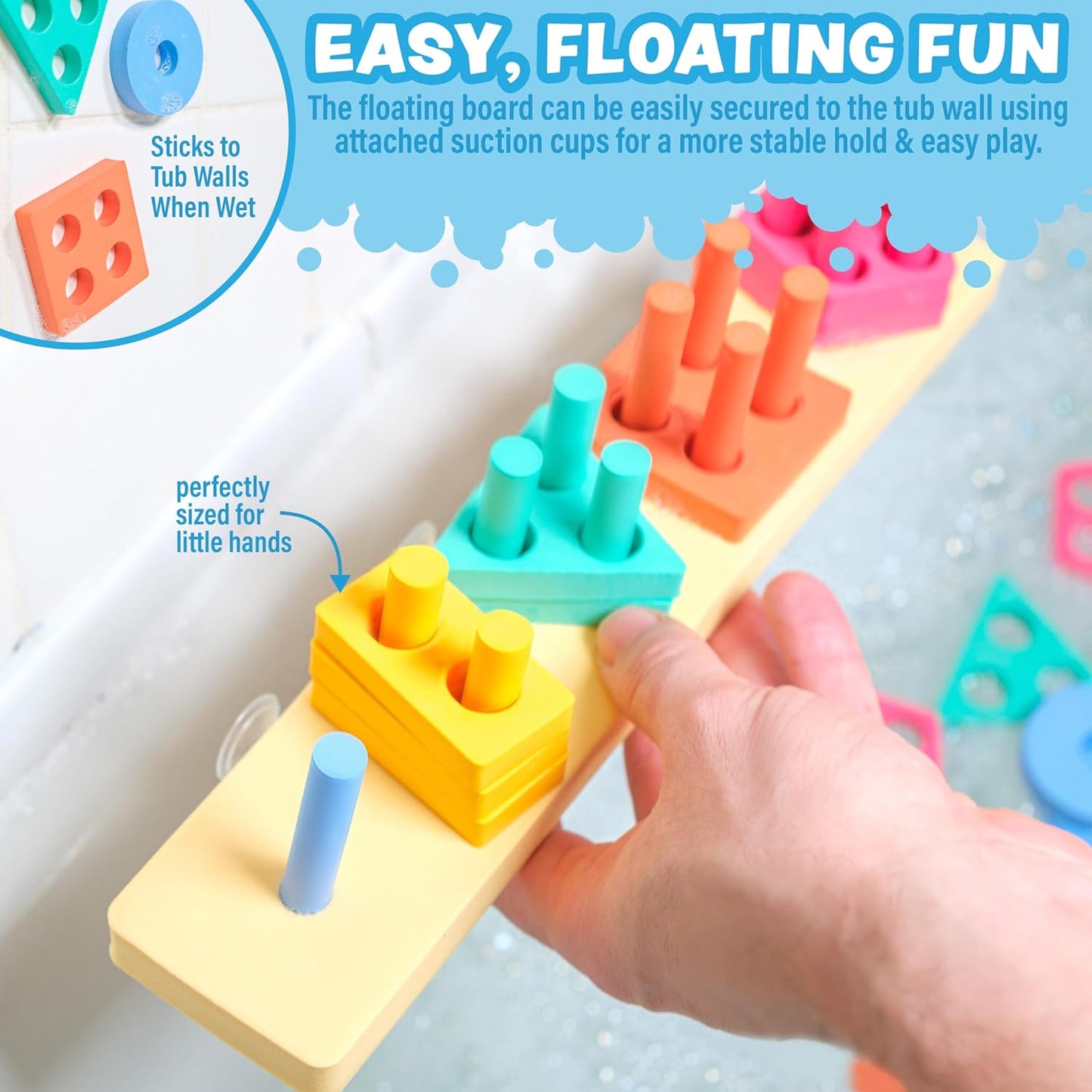 Tub Works® Splash, Stack & Sort™ Shape Sorter & Stacking Toddler Bath Toy | 20 Foam Pieces | Color Sorting & Shape Stacking Kids Bath Toys | Floats & Sticks to Tub Walls | Early Learning Bathtub Toys
