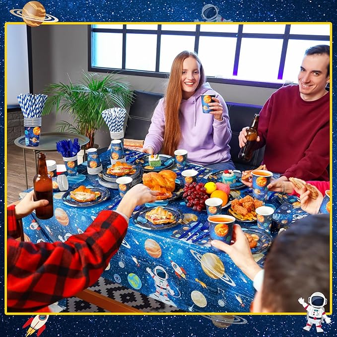 452 Pcs Space Birthday Party Decorations for 50, Solar System Paper Plates Napkins Cups Tablecloth Cutlery Straws Astronaut Tableware Set for Birthday Baby Shower Party Supplies