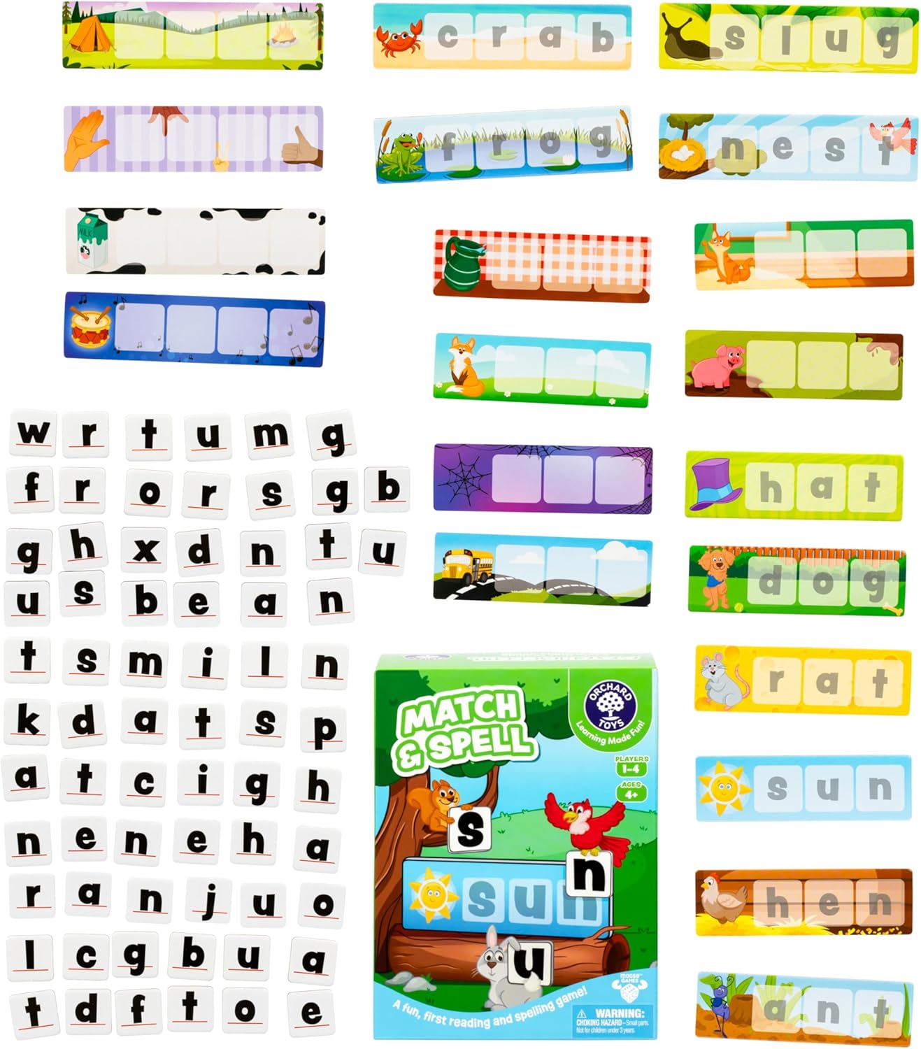 ORCHARD TOYS Match & Spell Game - New Art, Develop Your Children's Early Reading and Spelling Skills in This Updated, Fun Word-Building, 2 Ways to Play, for Ages 4+, Single or Multiplayer