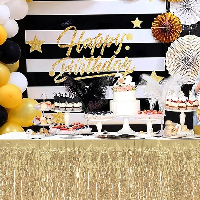 4P Wavy Metallic Tinsel Foil Fringe Table Skirts for Rectangle Tables Backdrop Garland Curtains for Parade Floats Wedding Birthday Parties Decoration Graduation 2025 Christmas (Champagne)