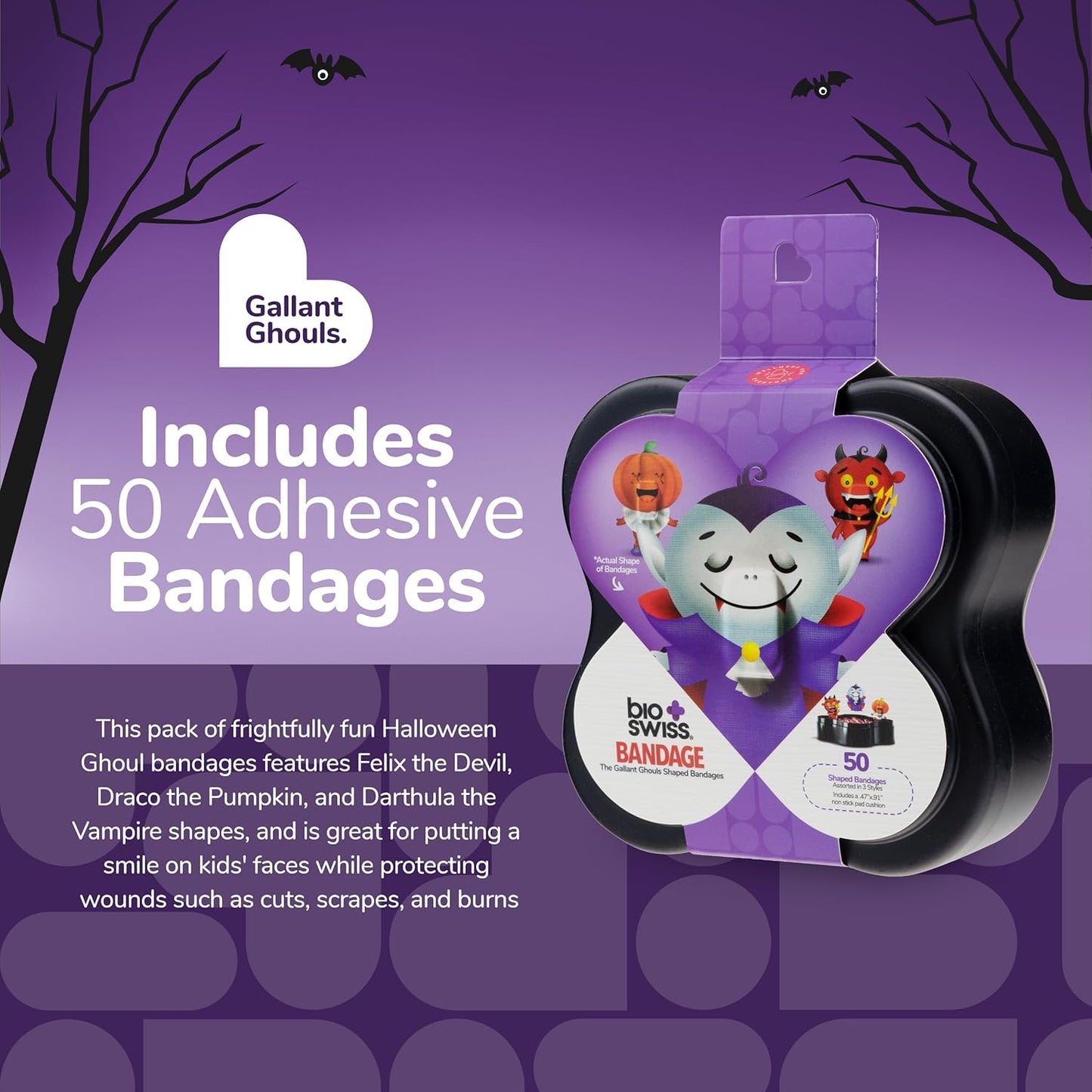 BioSwiss Bandages, Halloween Ghouls Shaped Self Adhesive Bandage, Latex Free Sterile Wound Care, Fun First Aid Kit Supplies for Kids and Adults, 50 Count