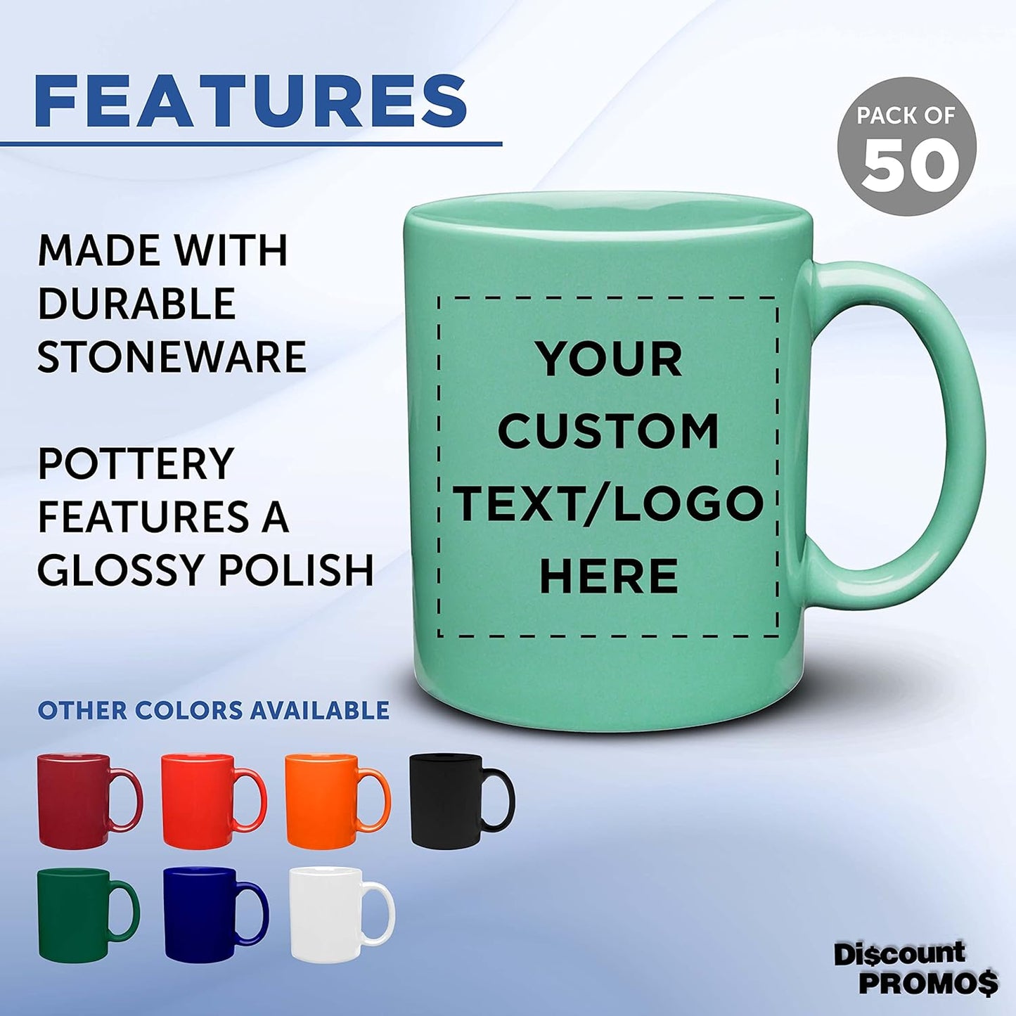 Custom Ceramic Coffee Mugs 11 oz. Set of 50, Personalized Bulk Pack - Coffee cup set, Iced coffee cup, Gaming mug - Teal