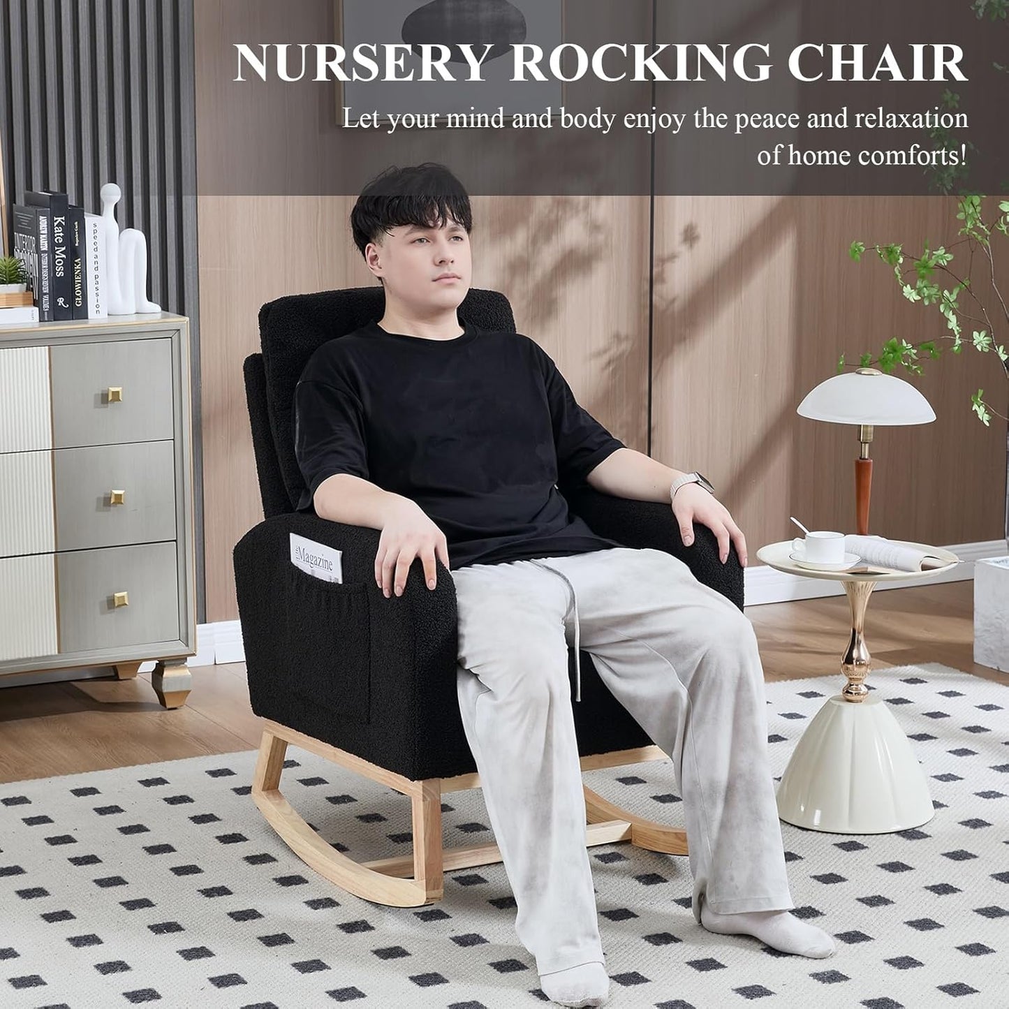 NIOIIKIT Nursery Rocking Chair, Teddy Upholstered Glider Chair with Side Pocket, Glider Rocker Chair with Tufted Back, Comfy Accent Nursing Chair for Living Room (Black Retro)