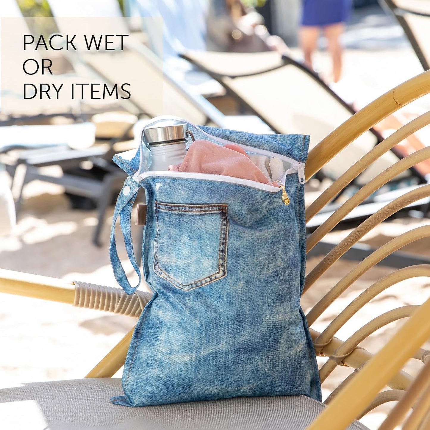 Bumkins Roamio - Waterproof Wet Bag - For Baby, Travel, Swim Suit, Cloth Diapers, Pump Parts, Pool, Gym, Toiletry, Strap to Stroller - Reusable & Easy to Clean - 2pk - Faux Pocket Patch Denim