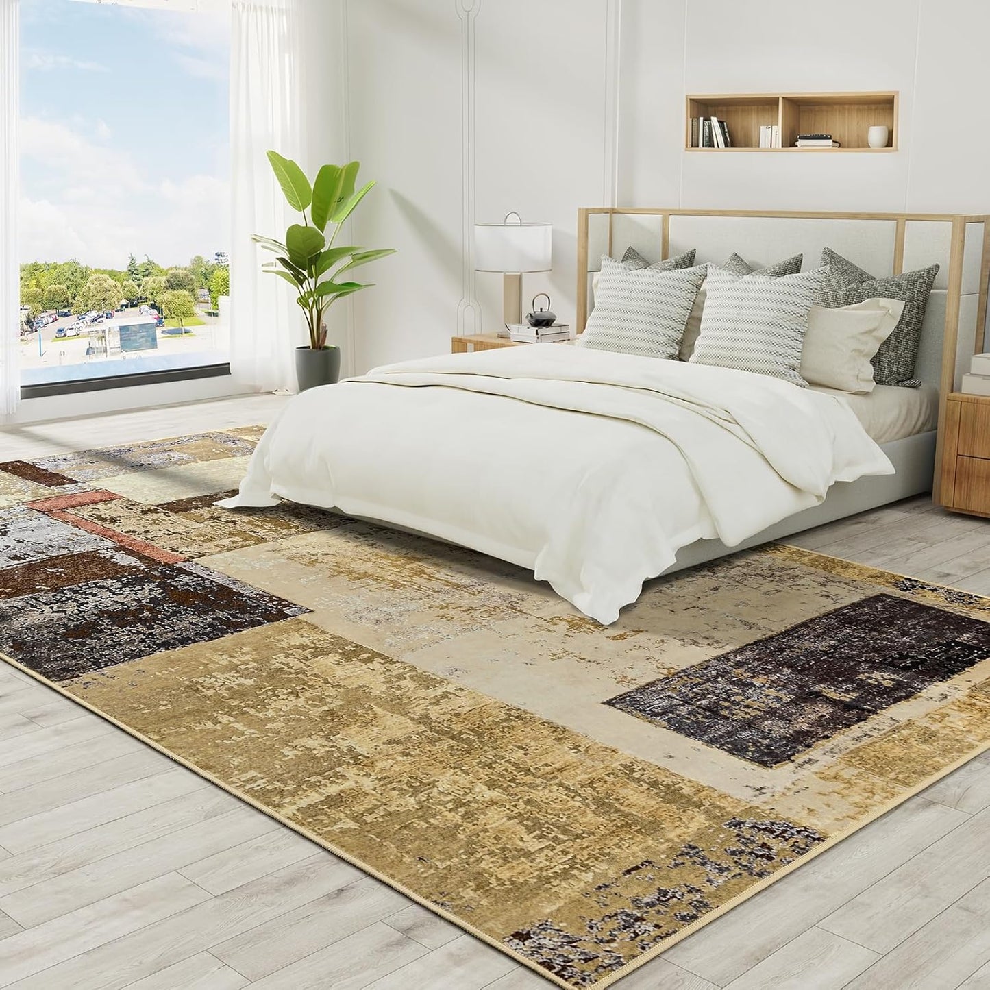 LOCHAS Rug for Living Room, Washable Soft Area Rugs for Bedroom 8x10, Abstract Carpet for Indoor Office Kids Dining Room Nursery Floor, Khaki Geometric Vintage Home Decor, Non Slip, Pet Child Friendly