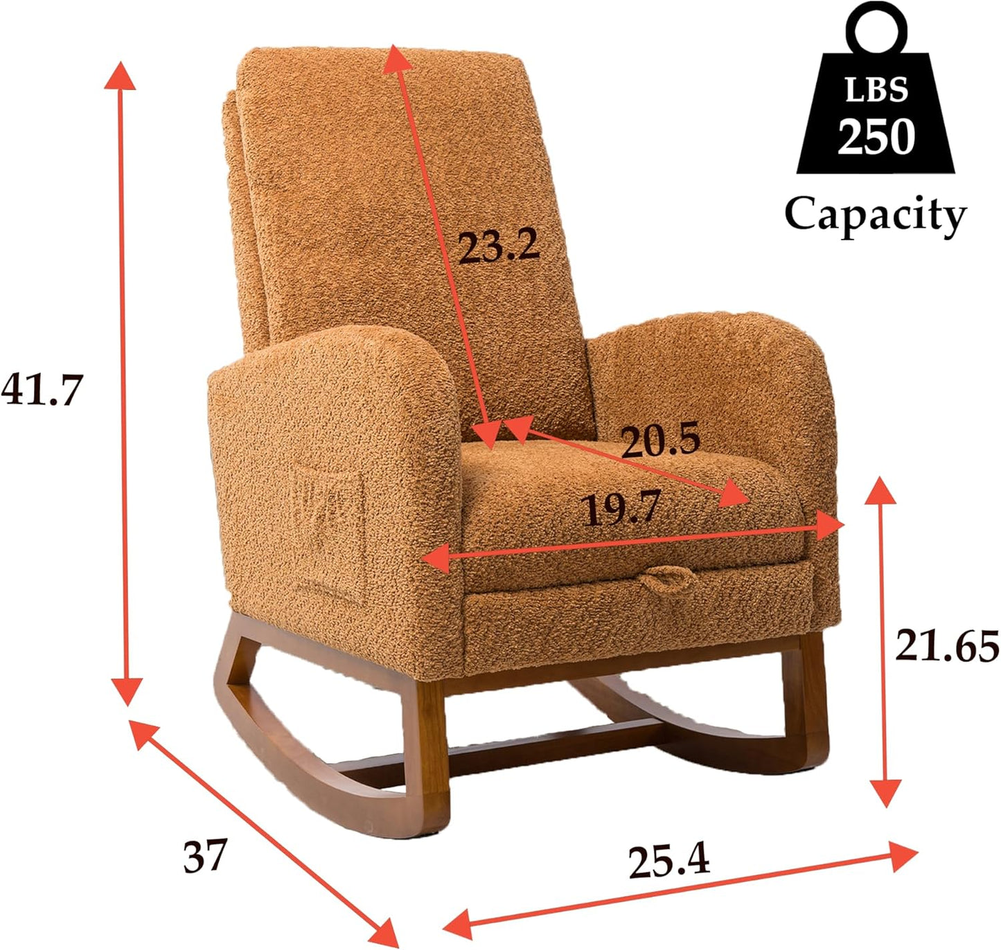 Nursery Rocking Chair with Foot Rest, Upholstered Glider Chair with Two Side Pockets, High Back Nursing Chair, Rocker Accent Armchair for Bedroom Living Room (Caramel)