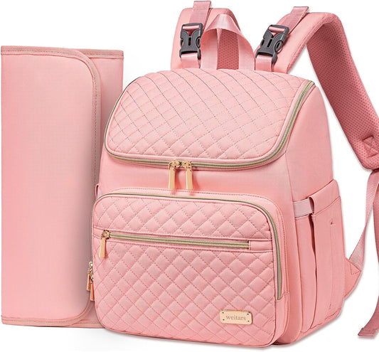 Weitars Diaper Bag Backpack Large Baby Diaper Bag with Changing Pad Travel Diaper Backpack,Baby Bag for Boys Girls,Stroller Straps,5 Insulated Pockets (Pink)