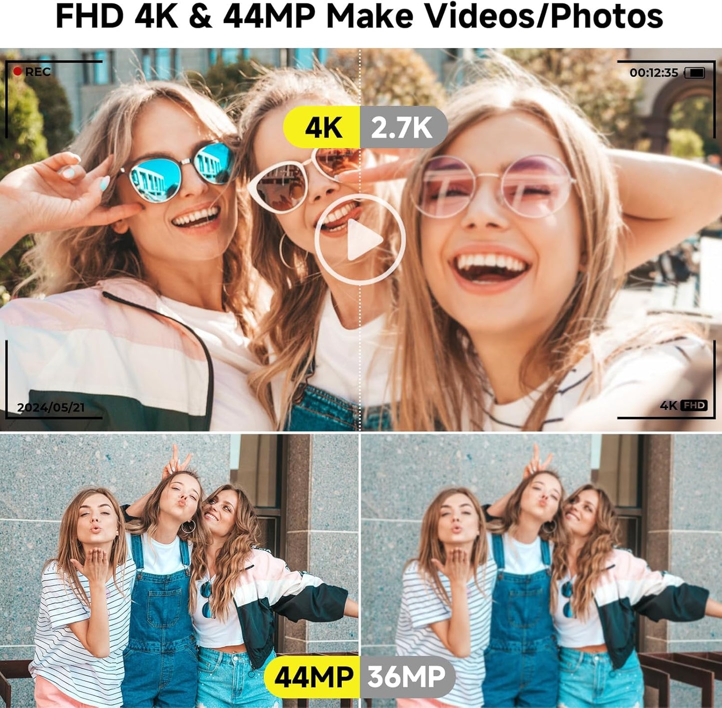 Digital Camera, FHD 4K Digital Camera with 64GB SD Card, 44MP Digital Point and Shoot Camera, 16X Digital Zoom, Anti Shake, 3-LED Fill Lights, Compact Camera for Kids Teen Boys Girls, Gold
