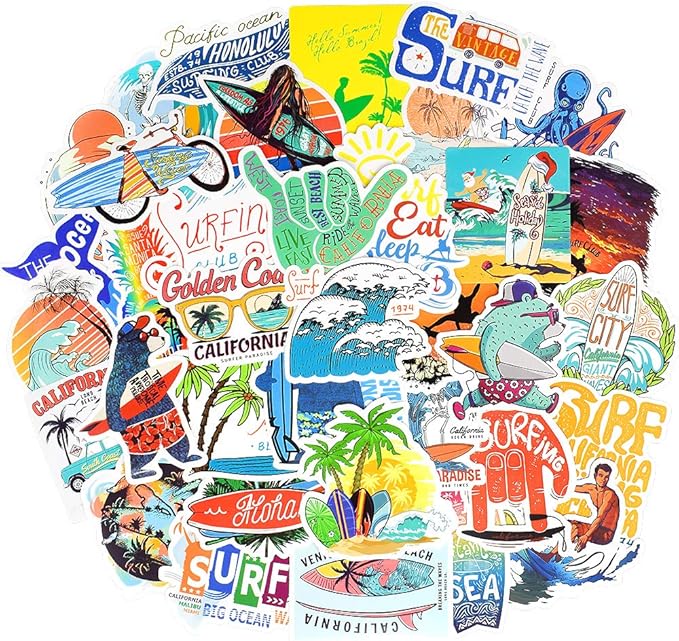 Surf Stickers for Teens Girls Boys Surfing Laptop Stickers for Water Bottles Surfboard Waterproof Vinyl Stickers Surfer Stickers Pack 50Pcs''