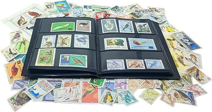 IMPACTO COLECCIONABLES – 100 Bird-Themed Stamps Collection with Included Album (5.5 x 7 x 0.4 in) | Enhance your philatelic collection with authentic postmarked stamps in a compact and elegant album