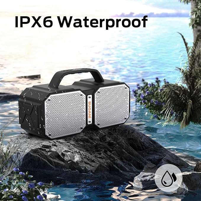 BUGANI Shock Bluetooth Speaker, Portable Bluetooth 5.3, Waterproof Design, 60W High Power Output, Outdoor Speaker, Black (New Model)