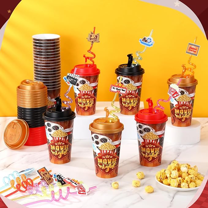 Yungyan 24 Sets Movie Night Party Favors Goodie Cups with Lids and Straws for Halloween Party Decorations Reusable 16oz Plastic Candy Cups Plastic Straws for Birthday Gift(Movie Night)