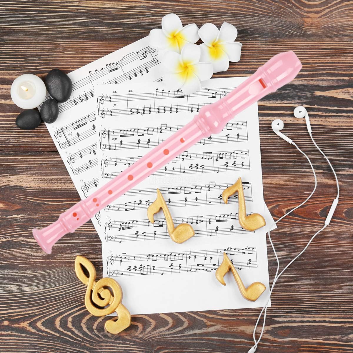 Soprano Recorder Instrument for Kids Beginners Student German Fingering C Key Recorder Instrument 3 Piece with Cleaning Rod and Bag Fingering Chart（Pink）