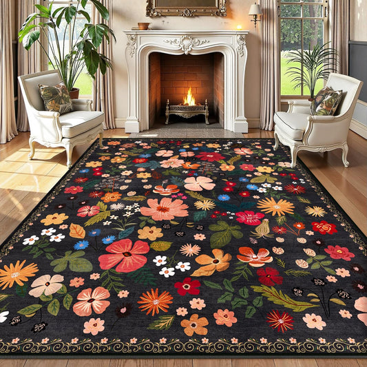 Black Area Rug 5x7 for Bedroom Washable Boho Farmhouse Floral Rugs for Living Room Vintage Aesthetic Stain Resistant Non-Slip Soft Low Pile Thin Floor Carpet for Living Room Dining Room Nursery