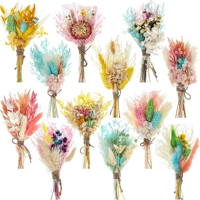 Layhit 12 Pack Boho Dried Flower Bouquet Mini Wedding Handmade Dry Flowers Decor for Vase Crafts DIY Photo Boutonniere for Men Floral Plant for Bridesmaid Gift Birthday Decor