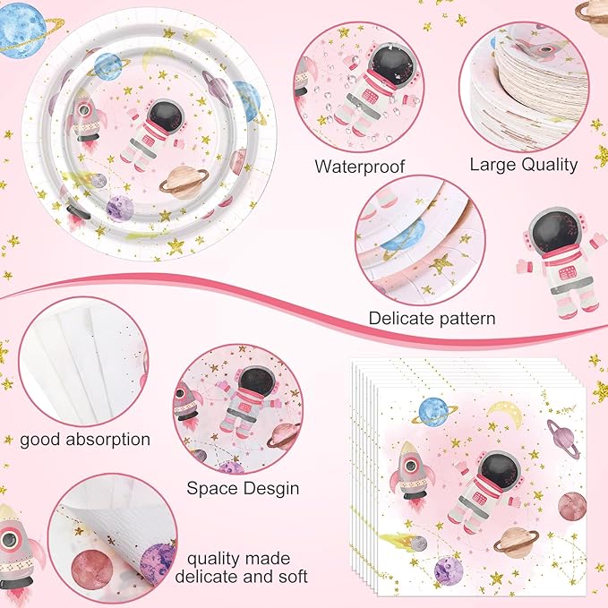 452 Pcs Pink Space Birthday Decorations for 50, Star Astronaut Paper Plates Napkins Cups Moon Tablecloth Cutlery Straws for Solar System Planets Baby Shower Party Supplies Decorations