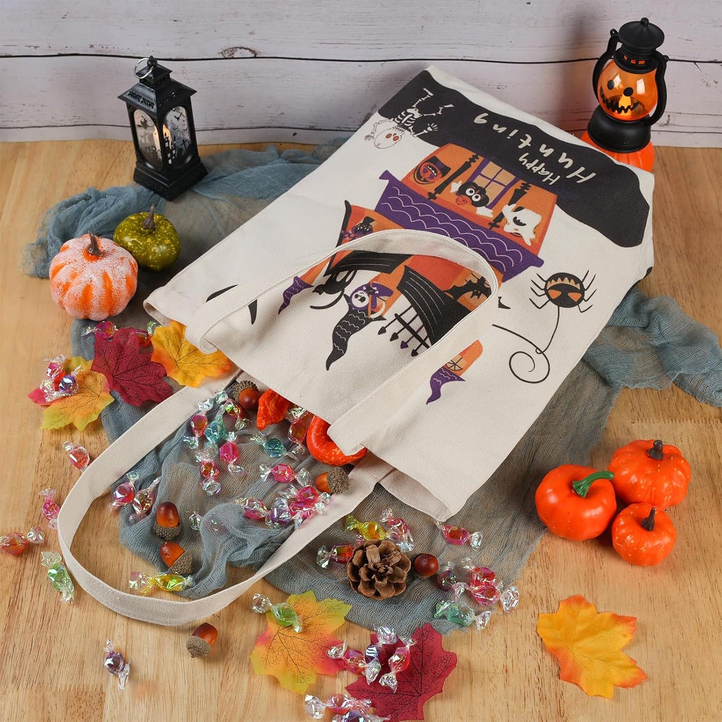 ATFUNSHOP 13.8" Large Halloween Tote Bag Trick or Treat 3 Pack Canvas Reusable Large Bucket with Handle for Kids