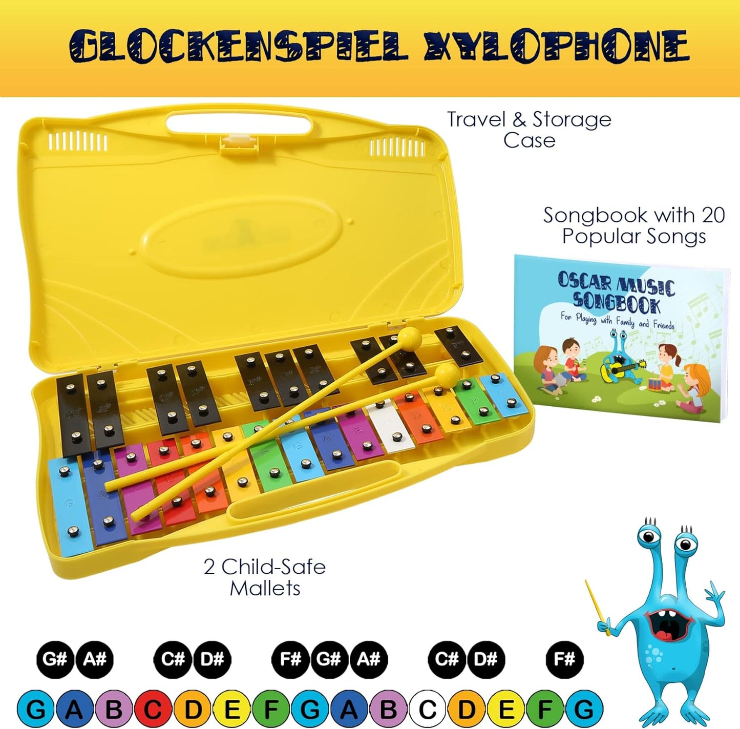 MINIARTIS Glockenspiel Xylophone | 25 Note Colorful Metal Keys Xylophone for Kids | Percussion Musical Instrument | Educational Music Toy Includes Music Songbook, Mallets and Yellow Carry Case