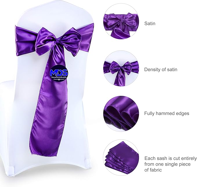 MDS Pack of 100 PCS Satin Chair Sashes Charmeuse Sateen Dining Chair Bows Ribbon Ties Back Sash for Wedding Party Birthday Home Hotel Restaurant Banquet Decoration (7 x 108 Inch, Cadbury Purple)