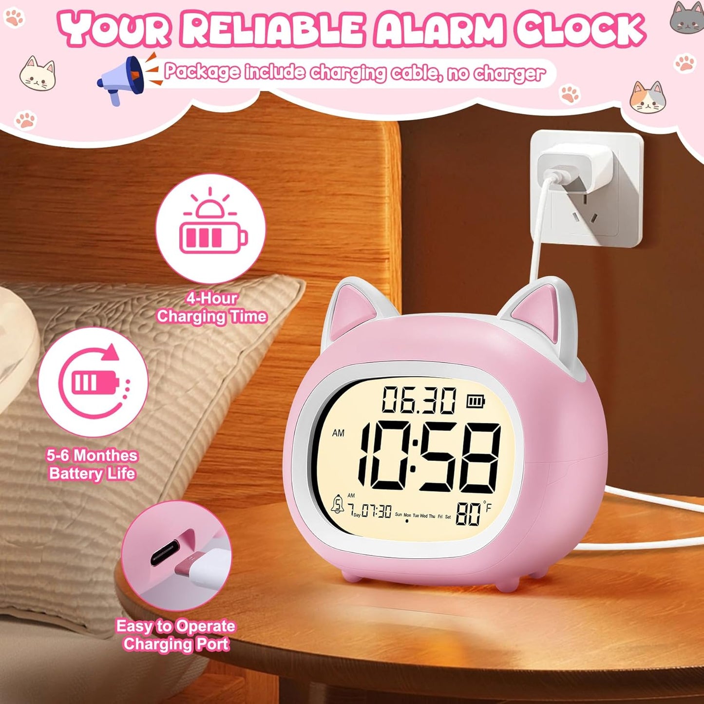 Kids Alarm Clock with Night Light for Kids, Small Digital Alarm Clocks for Bedrooms, Routine Builder, Cute Cat Alarm Clock with Sleep Training, Snooze, 12/24H, Date & Day, Temperature, USB Port