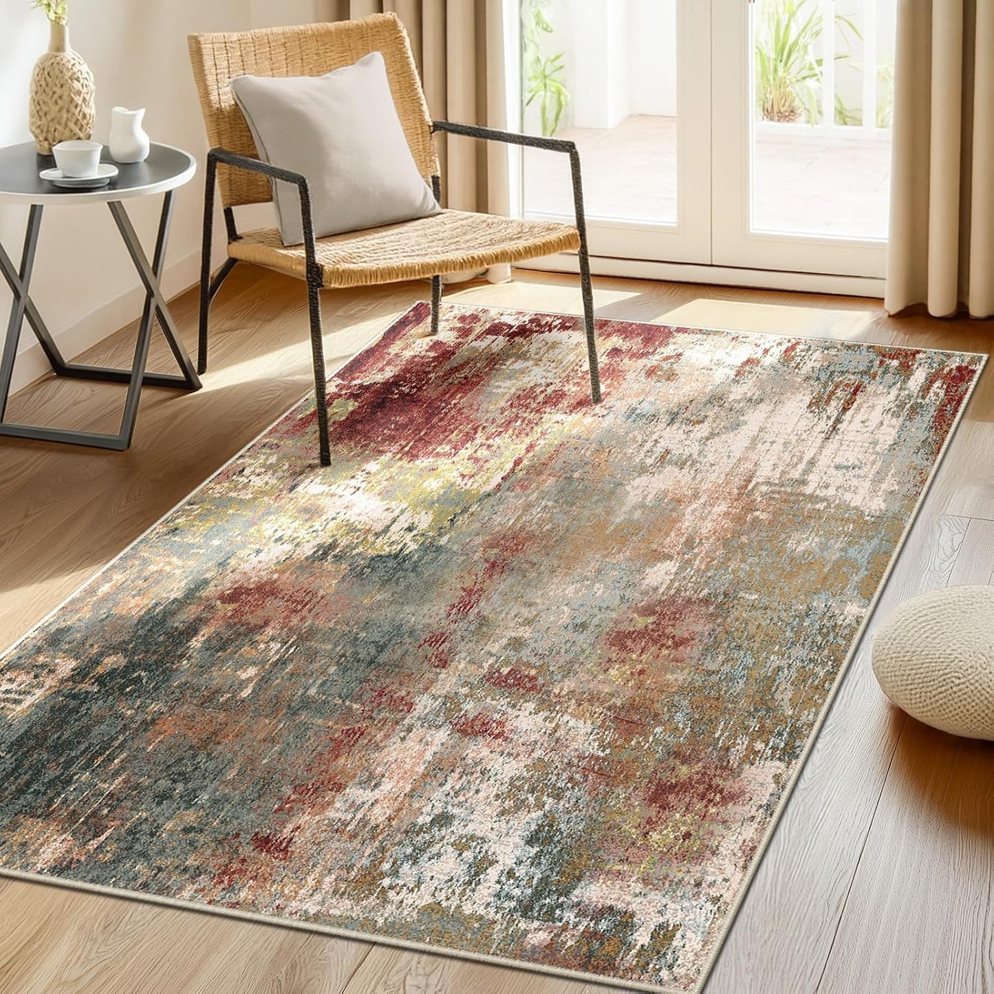 Washable Area Rugs 4'x6' Non-Slip Modern Abstract Soft for Living Room Entryway Bedroom Nursery, Print Pattern, Brown Rust Red Multi