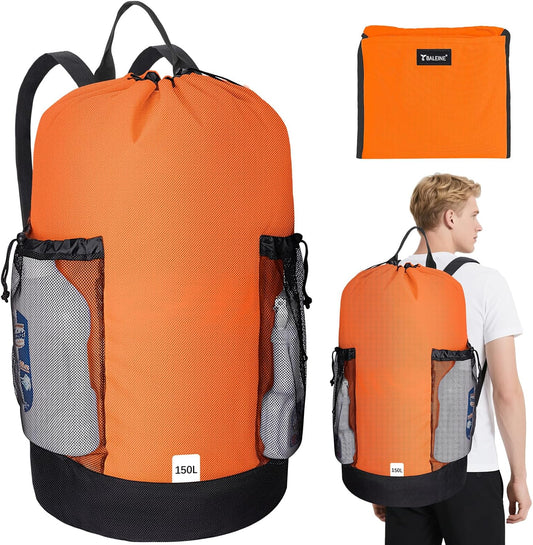 BALEINE 150L Laundry Bag Backpack, 900D Oxford Fabric Large Travel Laundry Bags with Shoulder Straps and 2 Mesh Pockets for College Dorm, Apartment, Laundromat (Orange, 150L)