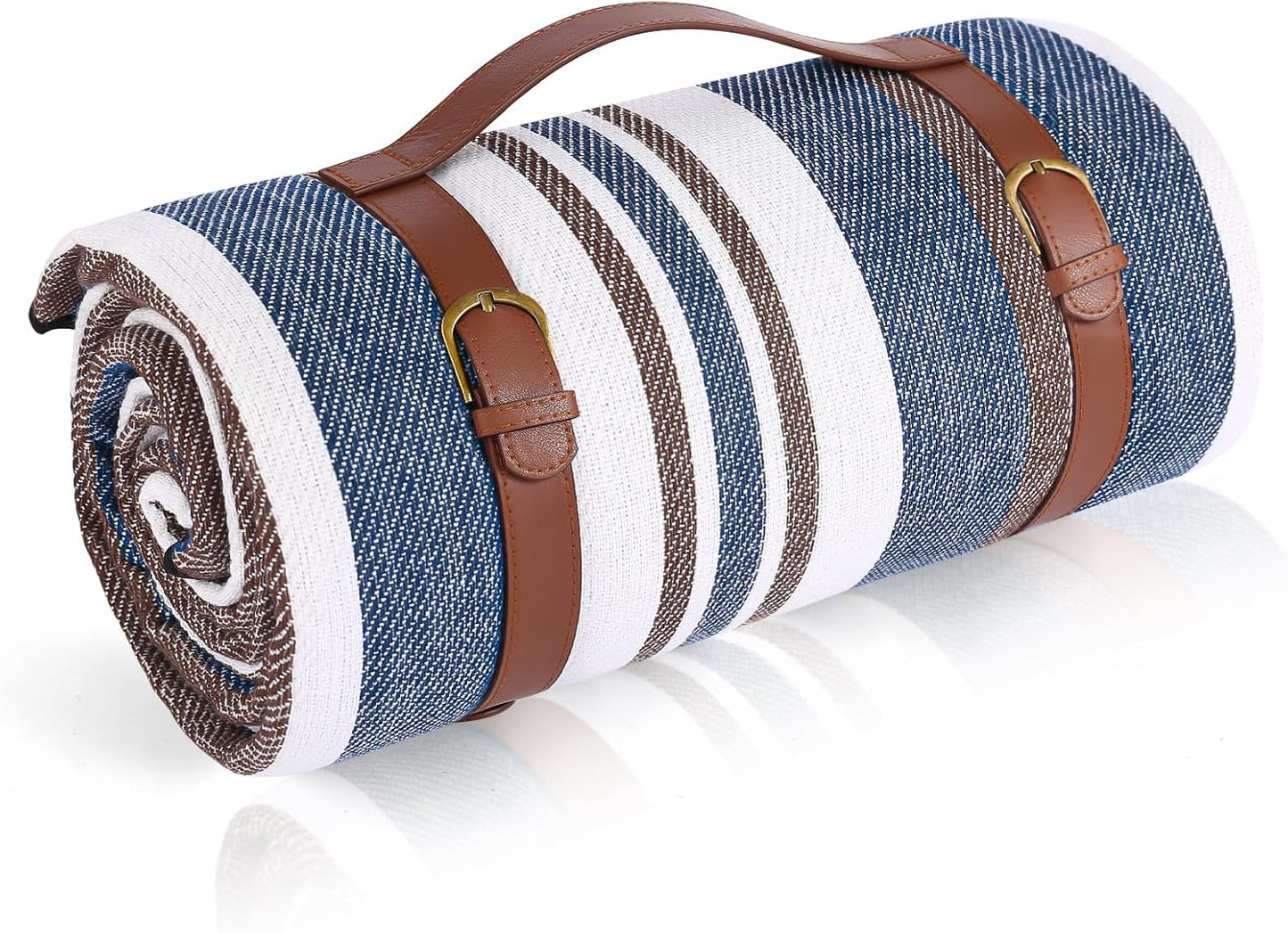 Striped Picnic Blankets 80” x 80” Extra Large Waterproof and Foldable Beach Blanket, Oversized Blue and White Outdoor Blanket for Camping, Travel, Park, Grass, Patio (Blue & Brown, 80" x 80")