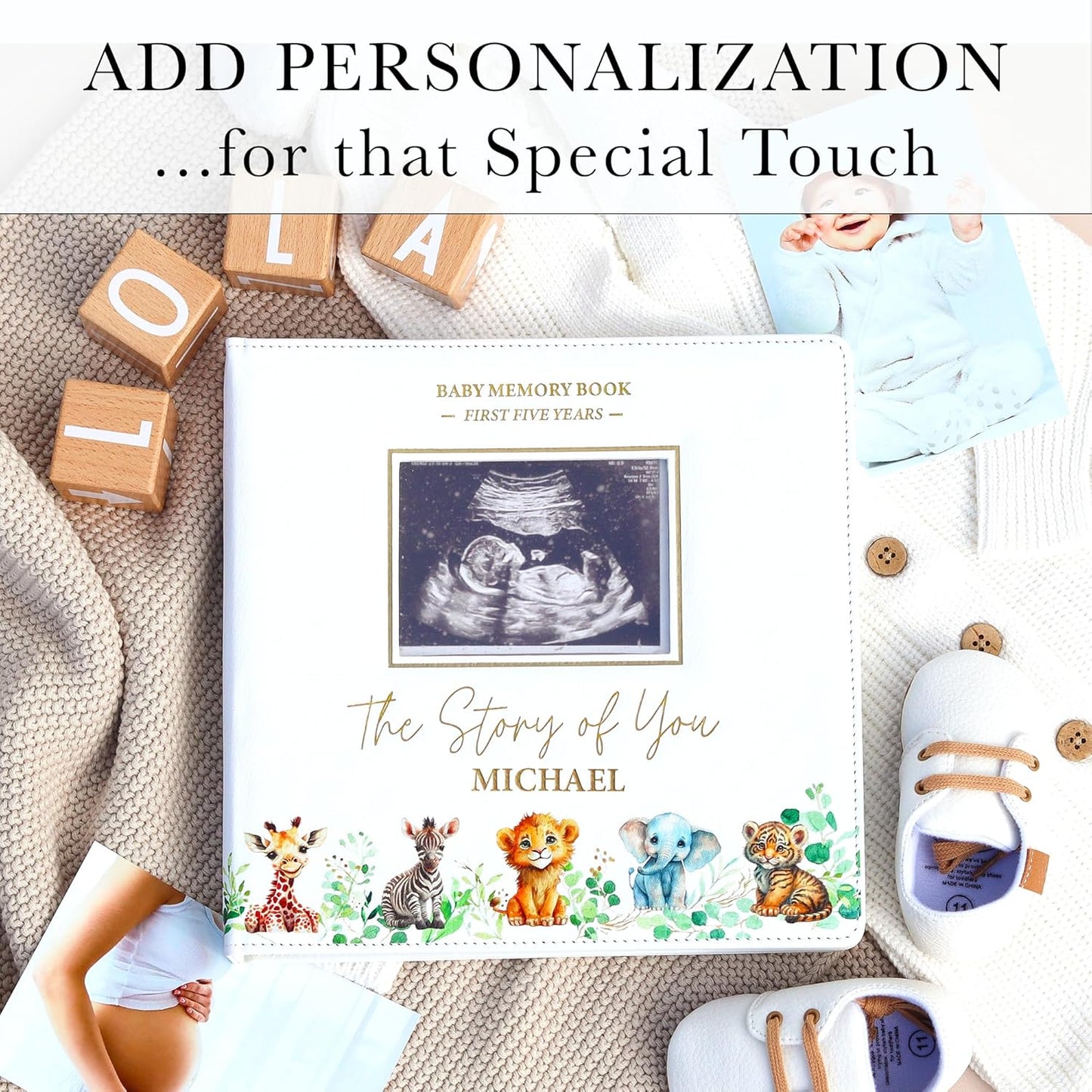 Personalized Faux Leather Baby Memory Book Keepsake for Boy or Girl - Enter any Name w/Gold Foil Stamp for Special Touch I First 5 Year I Gender Neutral, Safari Theme - Baby First Year Book