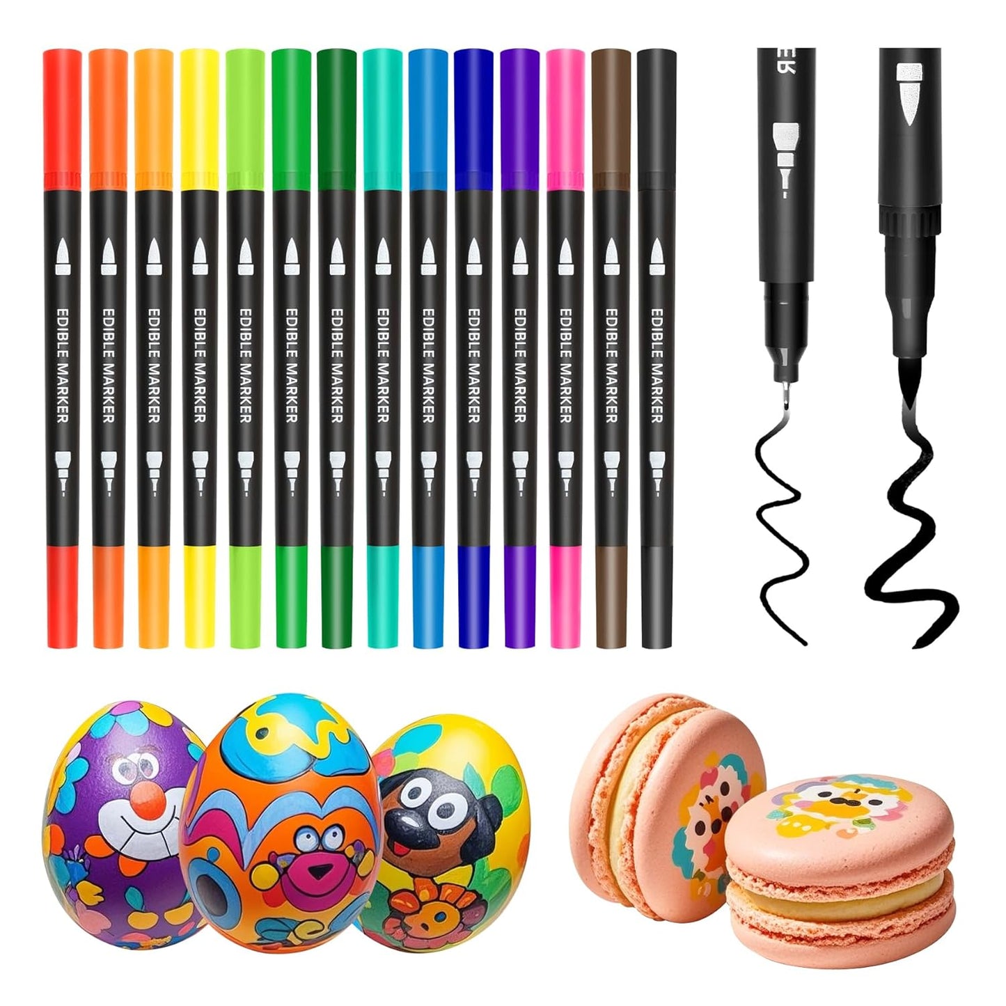 Edible Markers, 14 pcs Colorful Food Coloring Pens for Decorating Cookies, Fondant, Gum paste, Icing, Macarons, DIY Easter Eggs, Marshmallows, Fruits.