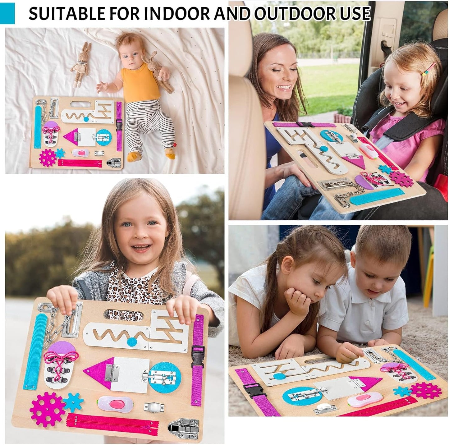 Montessori Busy Board for Toddlers, Wooden Sensory Toys, Kids 1-3 Travel Toy, Preschool Learning Activities for Fine Motor Skills, Basic Life Skills Educational Gifts for 1 2 3 Years Old Girls (Pink)