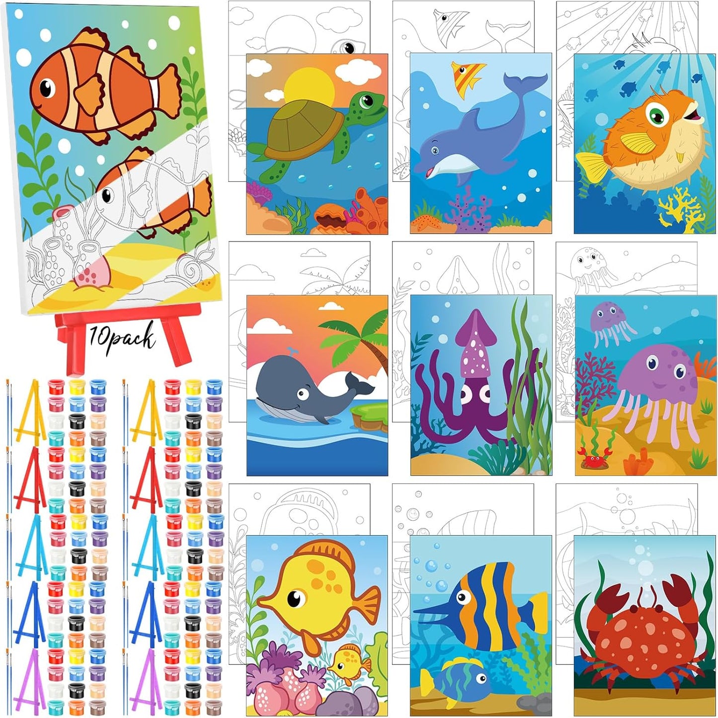 Blosssound 10 Set Pre Printed Canvas Pre Drawn Canvas Painting with Easel Kits 5" x 7" Outline Painting Panels for Beginners, DIY Craft Project, Party Favor, Home Decors(Ocean)