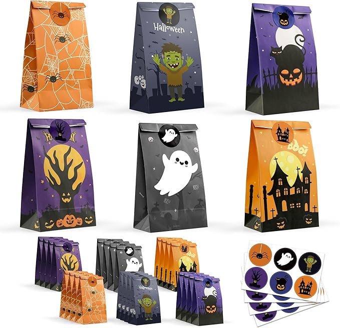 Halloween Treat Bags - 24 PCS Halloween Party Favors,Halloween Goodie Bags with Stickers for Kids | Candy Bags - Trick or Treat Bags,Mini Paper Gift Basket- HALLOWEEN Decorations Party Supplies
