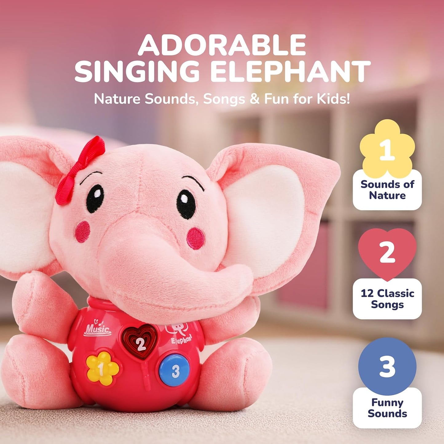 STEAM Life Musical Toys Gift for Baby Newborn 0-6 Month Infant - Plush Elephant Pink