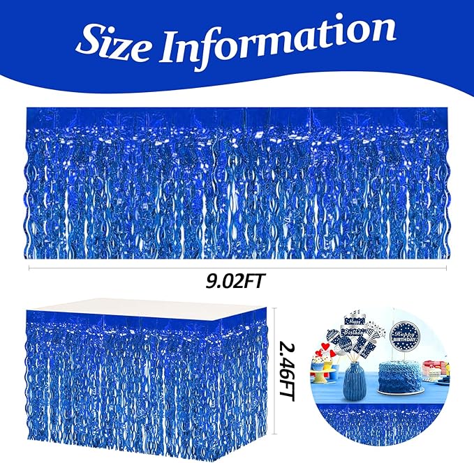 4P Wavy Metallic Tinsel Foil Fringe Table Skirts for Rectangle Tables Backdrop Garland Curtains for Parade Floats Wedding Birthday Parties Decoration Graduation 2025 Christmas (Blue)