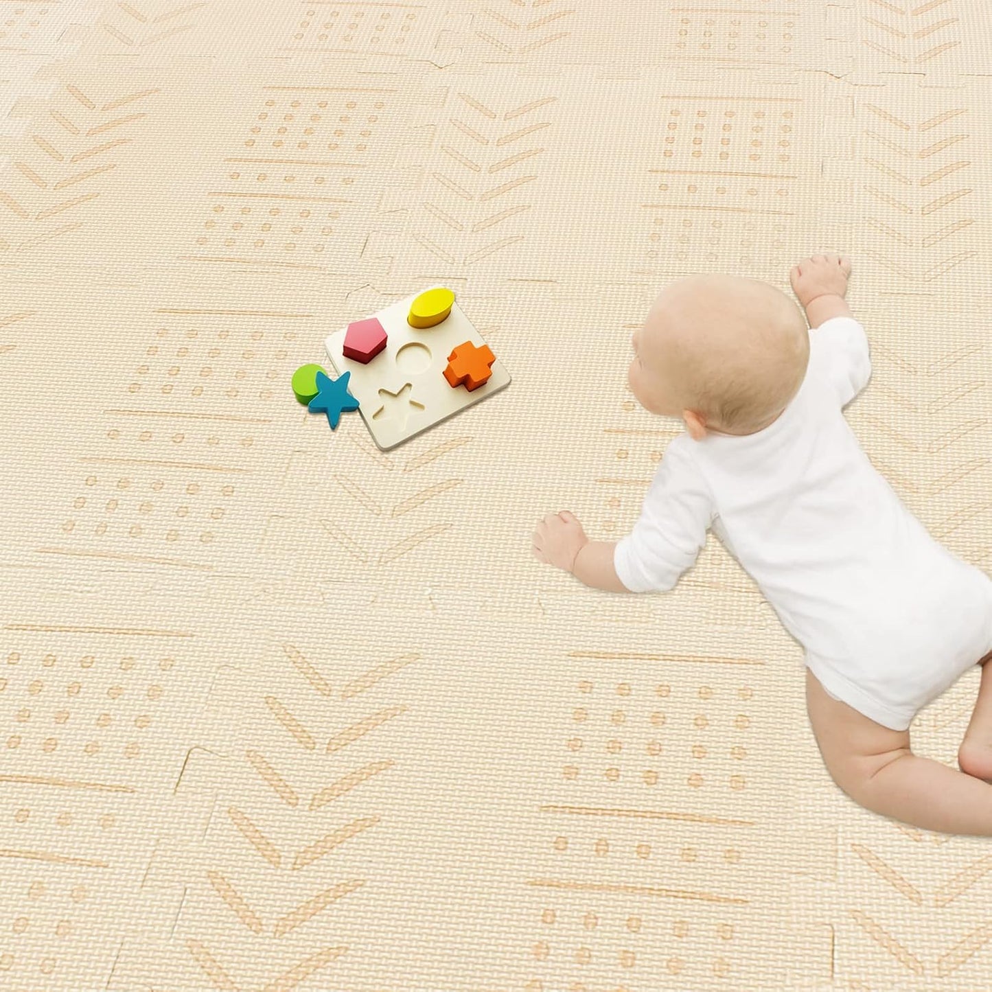qqpp EVA 18 Tiles Baby Play Mat for Playing, Interlocking Foam Floor Mats for Tummy Time & Crawling, Puzzle Flooring Tiles with Laser Pattern for Kids. Beige. QL-91(J) b18N