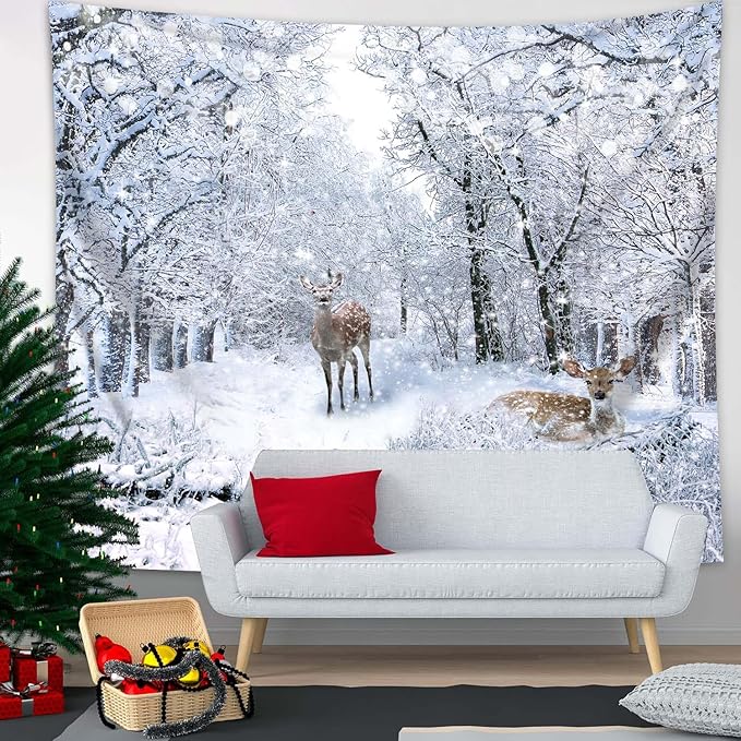 QGHOT Winter Tapestry Wall Hanging, Snow Scene Backdrop Winter Wonderland Wall Decor Snowy Forest Wall Art Nature Woodland Deer Tapestry for Bedroom Room Dorm Party Decoration, Large