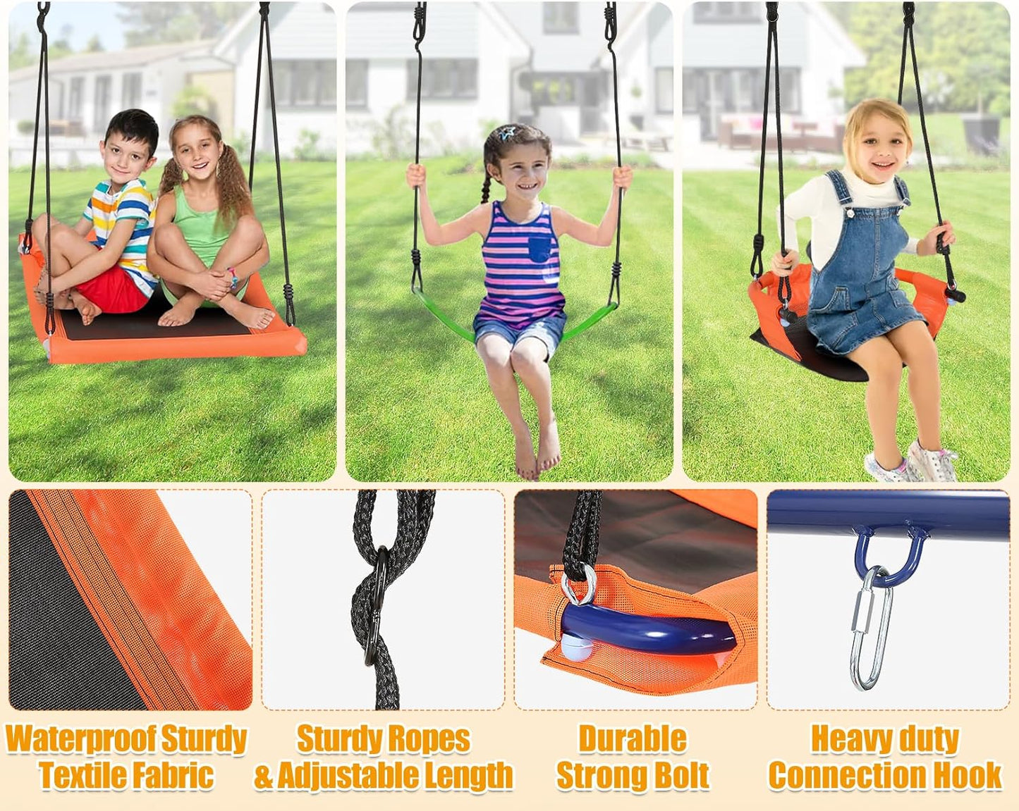 Swing Sets for Backyard 3 Seats - 6 in 1 Swing Set Outdoor for Kids, Extra Large Heavy Duty Metal Swing Frame with 3 Adjustable Swings, Climbing Ladder and Net, Basketball Hoop, Load 700 lbs