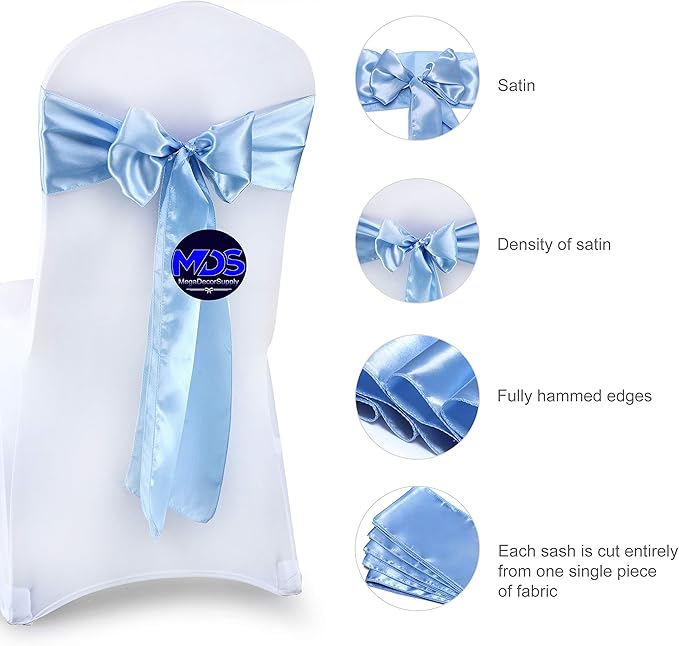 MDS Pack of 150 PCS Satin Chair Sashes Charmeuse Sateen Dining Chair Bows Ribbon Ties Back Sash for Wedding Party Birthday Home Hotel Restaurant Banquet Decoration (7 x 108 Inch, Baby Blue)