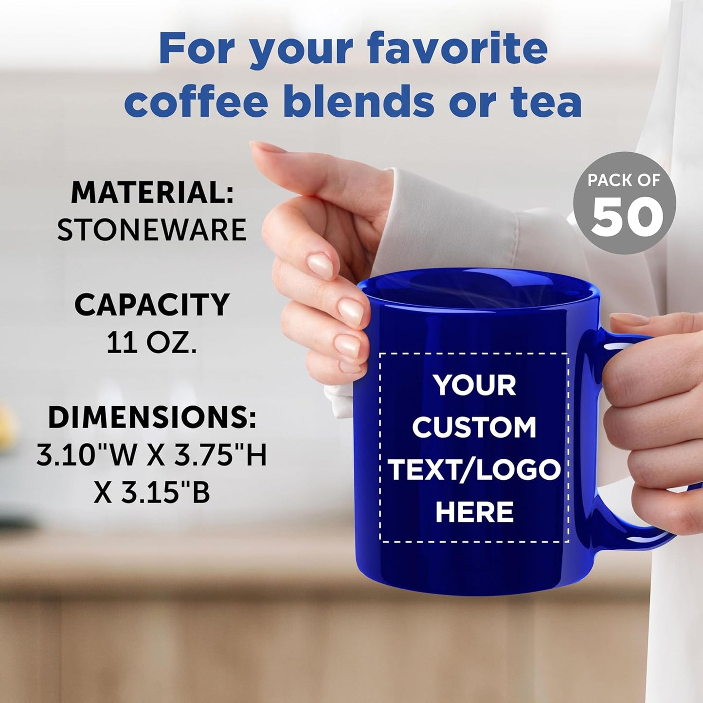 Custom Ceramic Coffee Mugs 11 oz. Set of 50, Personalized Bulk Pack - Coffee cup set, Iced coffee cup, Gaming mug - Cobalt Blue