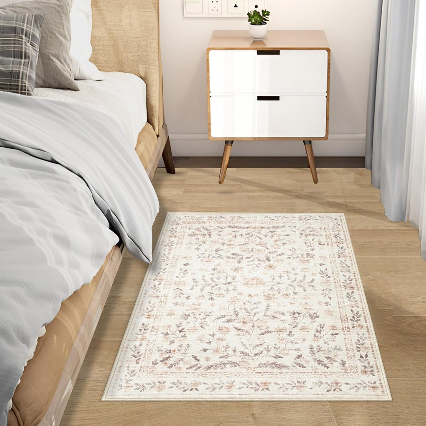 Door Mat Indoor Entrance Rug 2x3, Washable Soft Floral Boho Area Rug Non-Slip Low Pile Small Throw Rugs for Entryway, Kitchen, Entry, Kids Room(2'x3', Floral Beige)