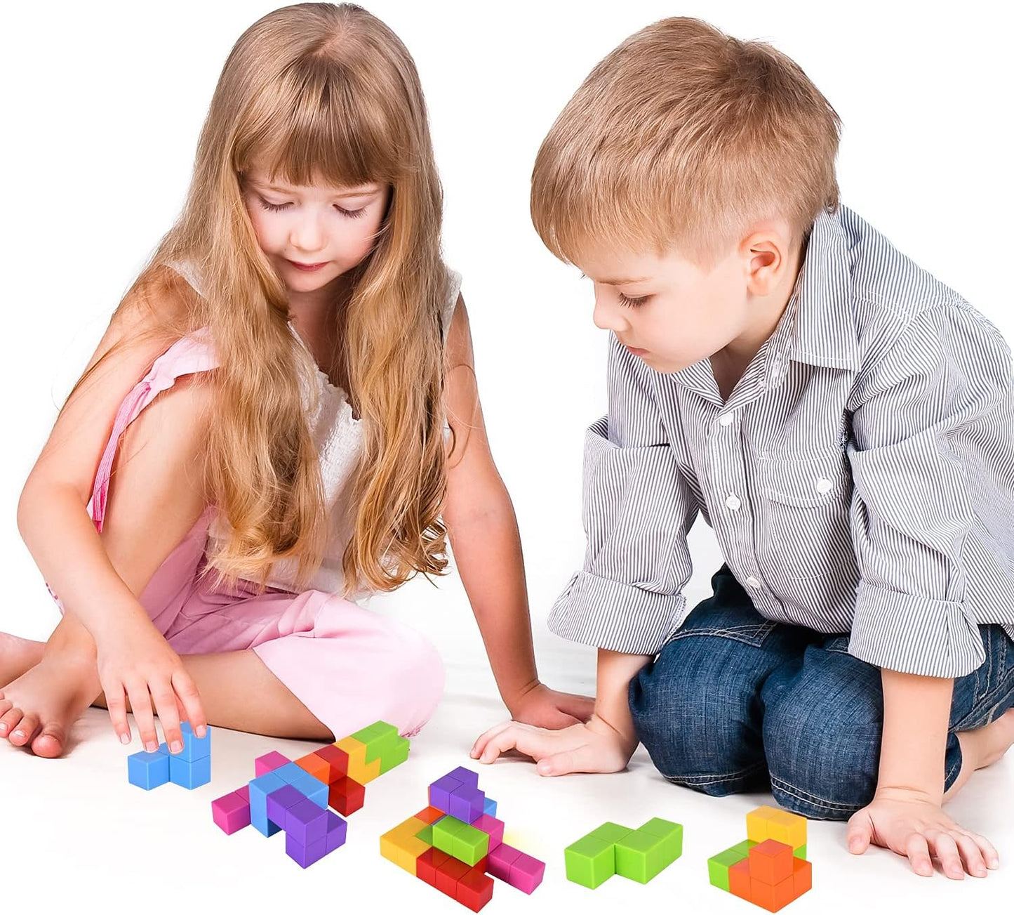 WorWoder Kids Magnetic Building Blocks Magic Magnetic 3D Puzzle Cubes, Set of 7 Multi Shapes Magnetic Blocks with 54 Guide Cards, Intelligence Developing and Stress Relief Fidget Toys for Kids(Pink)